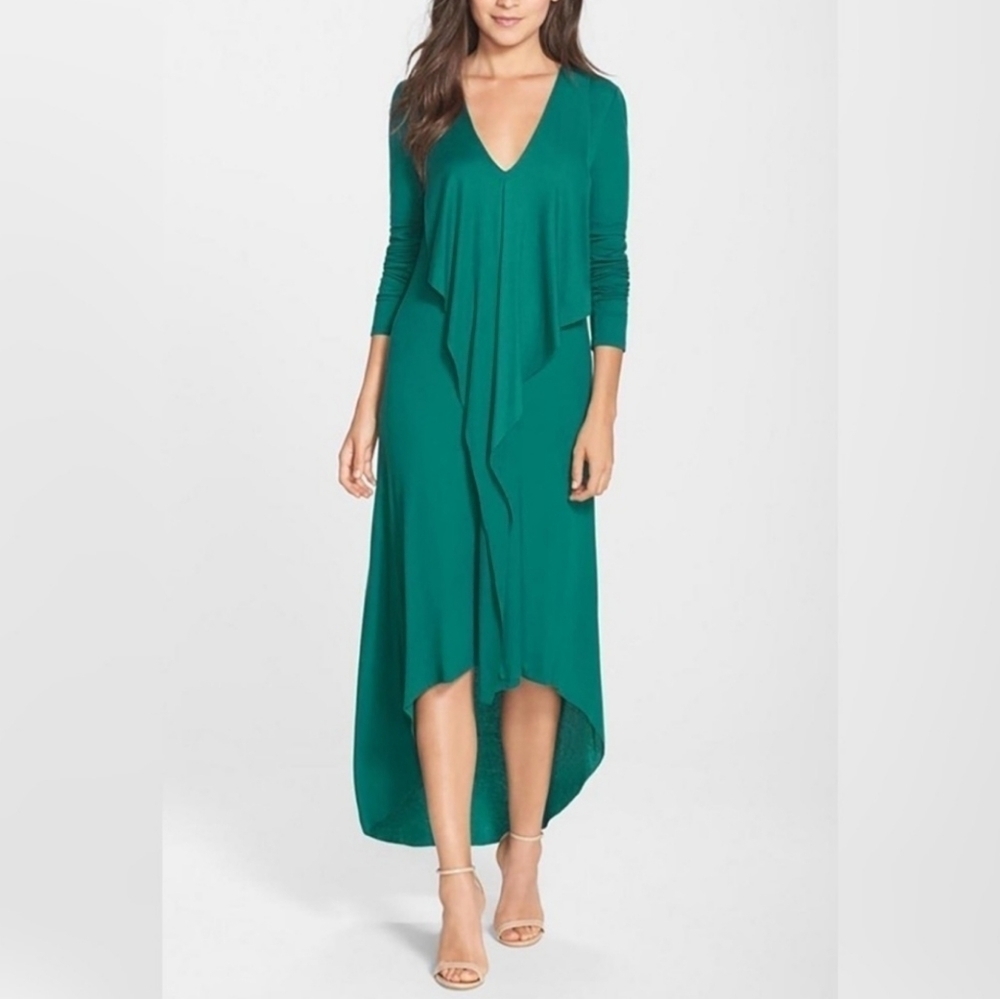 BCBGMaxazria Crissie High Low Ruffle Cascade Maxi Dress size Small Emerald Green